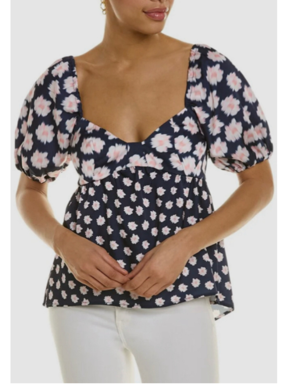 NWT SACHIN + BABI Navy Floral Short Puff Sleeves Open Tie Back Lyra Top Size 10
